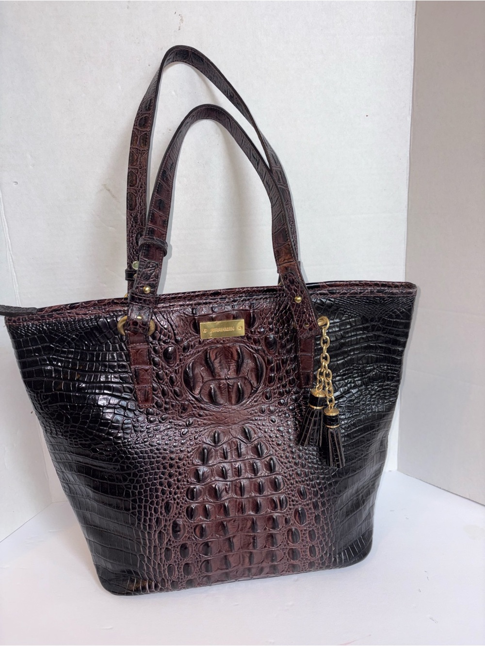Brahmin Croc-Embossed Leather Shoulder Tote in Dark Brown and Black